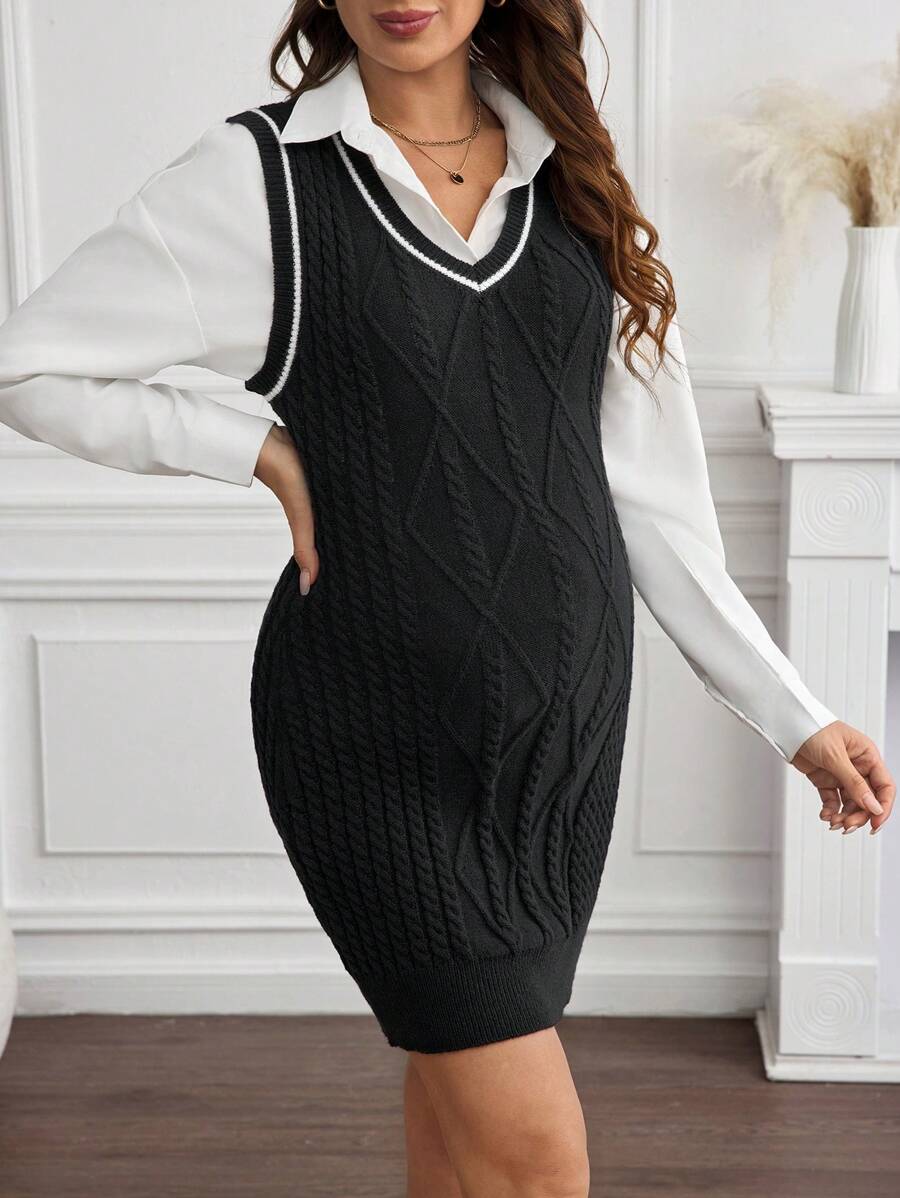 SHEIN Maternity V-Neck Striped Print Elegant Sleeveless Sweater - Black - View 1