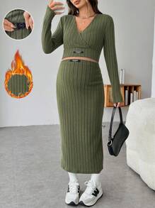 SHEIN Maternity Women's Letter Patched Long Sleeve Cropped Top & Bodycon Skirt 2Pcs Set - Green - View 1