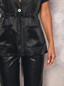 Glamine Blazer court à manches courtes à deux poches avec nœud à la taille, simple pour femmes