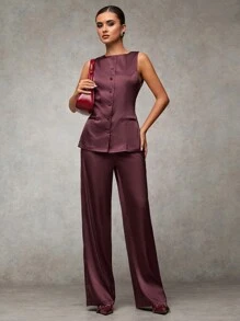 SHEIN BAE Women Chestnut & Burgundy Plain Front Button Sleeveless Casual Top & Pants Set