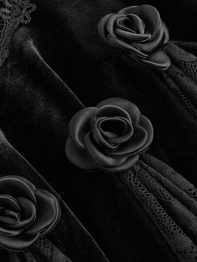 Goth Falda de cola de pez de encaje hecha a mano y elegante con rosa del Palacio, dobladillo asimétrico, unicolor negro, para mujer