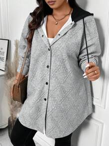 SHEIN LUNE Plus Size Textured  Contrast Hooded Casual Jacket For Outdoor & Home Wear