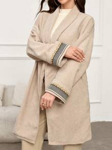 Seusyu Women's Solid Color Splicing Front Button Long Sleeve Simple Casual Regular Jacket - Khaki - View 4