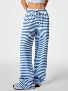 SHEIN EZwear Quần Palazzo ống đứng kẻ sọc dáng rộng thoải mái có thắt lưng cho nữ - Xanh và trắng - Xem 1