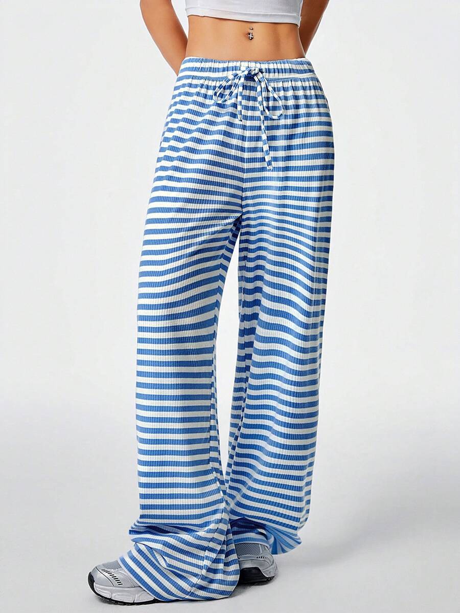 SHEIN EZwear Quần Palazzo ống đứng kẻ sọc dáng rộng thoải mái có thắt lưng cho nữ - Xanh và trắng - Xem 1