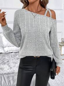 SHEIN Clasi Women's Ribbed Asymmetrical Neck Thermal Lined Pullover Sweater