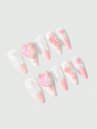 Kawaii 10 piezas de uñas postizas reutilizables en forma de almendra, color rosa suave, con moño floral, con gel de gelatina, hazlo tú mismo