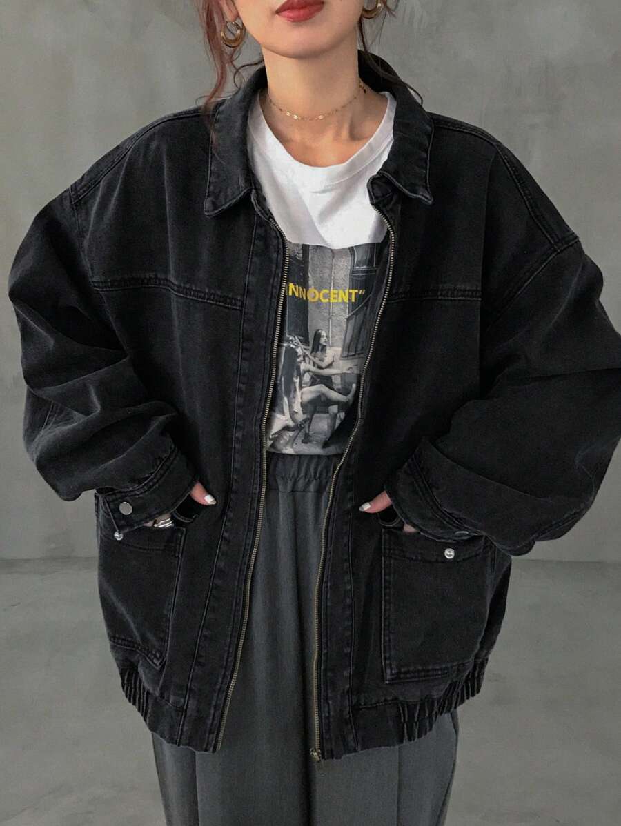 FRIFUL 女式超大落肩长袖休闲牛仔夹克，适合春秋季节 - 黑色 - 查看 1