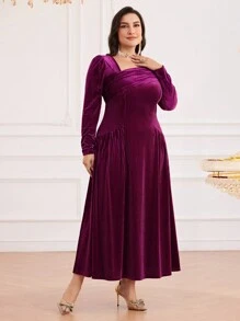 Modelyn Burgundy Red Plus Size Elegant Asymmetric Neckline Ruffle Waist Dress - Burgundy - View 3
