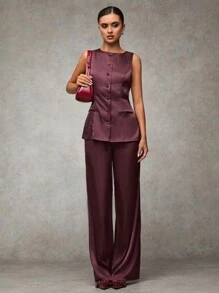 SHEIN BAE Women Chestnut & Burgundy Plain Front Button Sleeveless Casual Top & Pants Set