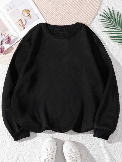 Flirla Plus Size Women's Solid Round Neck Thermal Lined Sweatshirt, For Winter Graduation,Back To School Outfits,Graduation,Teacher Outfits For Women,Back To School Pullover Fall Outfit Autumn