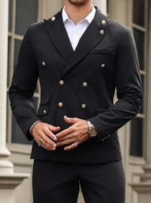 Manfinity Mode Men's Lapel Button Long Sleeve Elegant Business Formal Blazer - Black - View 4