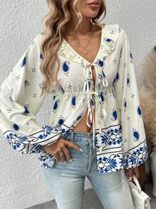 SHEIN Clasi Blusa con manga larga, estampado floral, volantes y cordones delanteros, uso casual