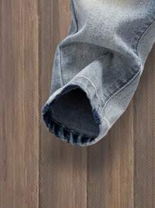 SHEIN Young Boy 中号水洗蓝色复古刺绣弹力牛仔裤 - 中等水洗藍 - 查看 3