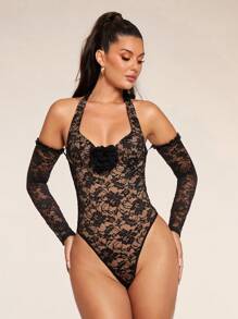 Glamine Women's 3D Floral Decor Cold Shoulder Long Sleeve Backless Bodysuit - Black - View 4