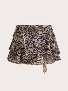 SHEIN ICON 低腰豹纹多层迷你裙 - 彩色 - 查看 2