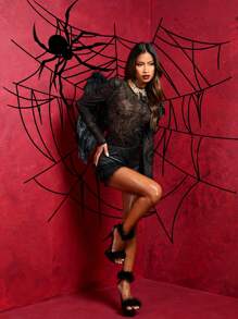 SHEIN SXY Holiday Party Banquet 1pc Women's See-Through Spiderweb Print Long Sleeve Bodysuit