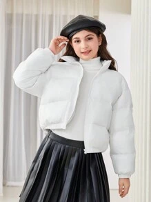 SHEIN Leap Crew Áo khoác đệm ngắn rộng rãi, cổ đứng dệt trơn dày dặn cho bé gái tuổi mới lớn - trắng - Xem 3