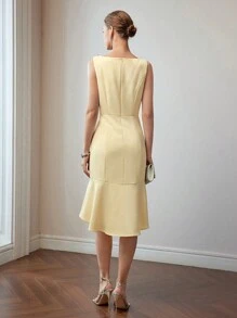 MOTF PREMIUM Vestido midi sin cinturón con ribete de sirena y detalles de strass - Albaricoque - Ver 4