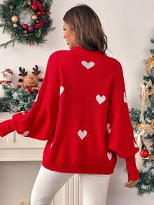 Chiquease Áo len dệt kim dáng rộng, vai rớt, họa tiết trái tim và chữ cái, thích hợp cho mùa Thu/Đông. - Đỏ - Xem 2