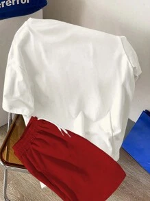 Manfinity Joysei Men's Summer Letter Print Round Neck Short Sleeve Casual T-Shirt And Drawstring Waist Shorts Set,Back To School - Multicolor - View 4