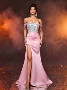 SHEIN X Izzy Darnell Glamrae Elegant, Gorgeous And Luxurious Off-Shoulder Gradient Pink And Silver Sequin Stitched Satin High-Slit Fishtail Dress With Removable Large Floating Panel A-Hem Suitable For Weddings, Events, Parties, Holidays And Formal Events, Holiday Prom Dinner Dresses (Heavily Decorated), Evening Gown, For Wedding Guest, Graduation Party Dress - Dusty Pink - View 4
