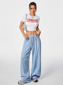 SHEIN EZwear Quần Palazzo ống đứng kẻ sọc dáng rộng thoải mái có thắt lưng cho nữ - Xanh và trắng - Xem 3