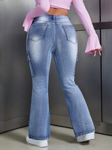 SHEIN ICON Plus Size Women's Cargo Pocket Flare Casual Versatile Jeans - Blue - View 2