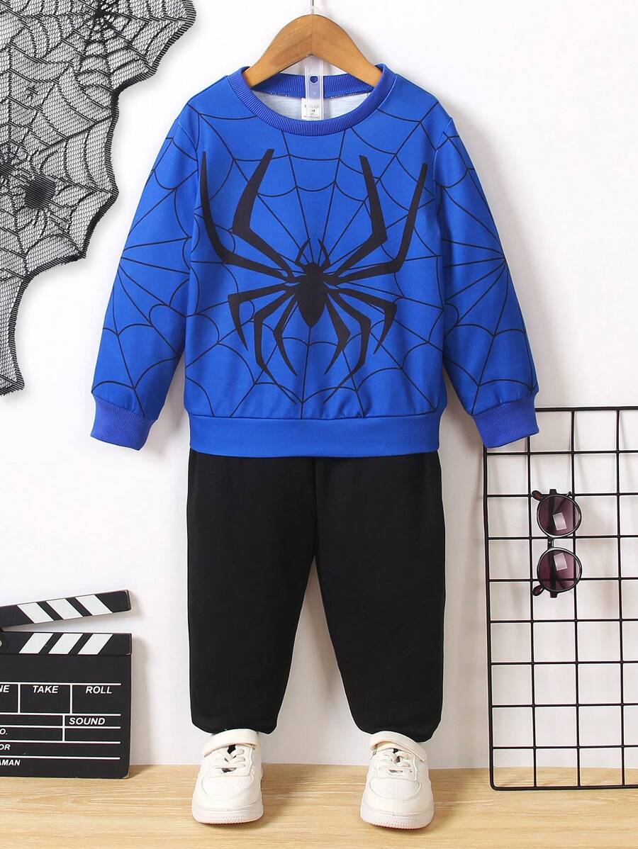 SHEIN Young Boys Stand Collar Spider Web Graphic Print Long Sleeve Sweatshirt, Suitable For Autumn, Halloween Party, Performance Clothes Boysspider Man Clothesspider Man Clothes Kidsspiderman Clothesspiderman Outfitgetaway,Holiday,Travel,Relax,Sunbathing,Summer - Blue - View 1