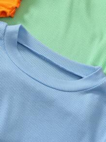 SHEIN Elladie kids 4pcs/Set Young Girl's Solid Color Round Neck Short Sleeve Ruffle Casual T-Shirt, Summer Summer Holiday - Multicolor - View 5