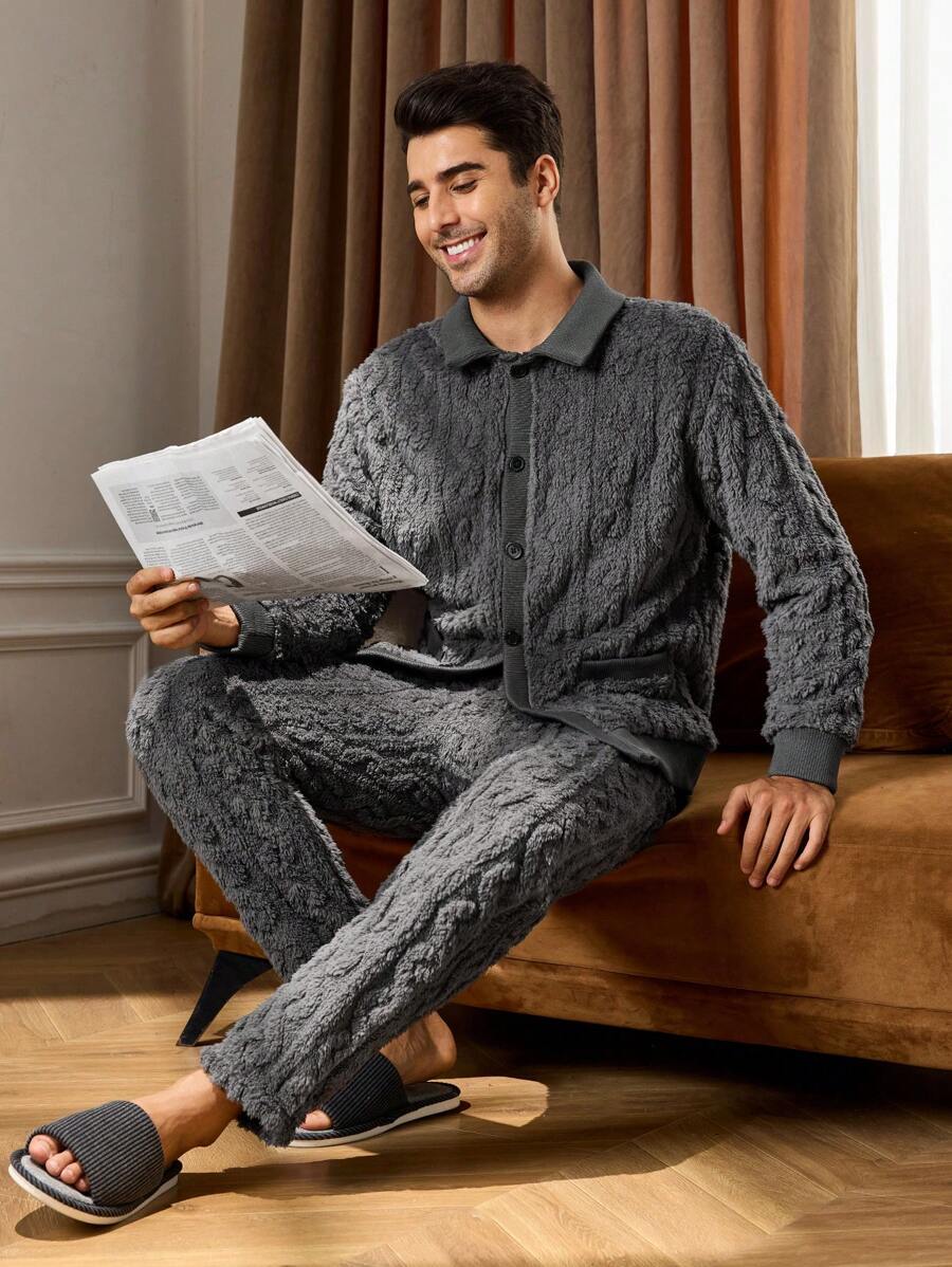 Bộ đồ ngủ 2 món áo sơ mi dài tay cài nút phía trước màu trơn cho nam và quần dài - Màu xám đen - Xem 1