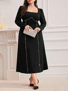 Modelyn Vestido de unicolor con cuello cuadrado, manga abullonada y decoración de rhinestones para mujer talla grande, primavera y otoño