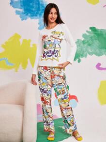 Nick 90s X SHEIN Conjunto de pijama con top y pantalones con estampado de dibujos animados para mujer