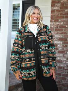 SHEIN LUNE Plus Size Fall Clothes Button-Up Full Graphic Print Fashionable Women Coats Winter Coat Fall Jackets Fall Women Clothes Plus - Multicolor - View 4