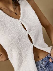 Poéselle Sommer einfarbige Strickweste mit Schlitzausschnitt und V-Ausschnitt, Lässig-Stil, einzigartiges Design