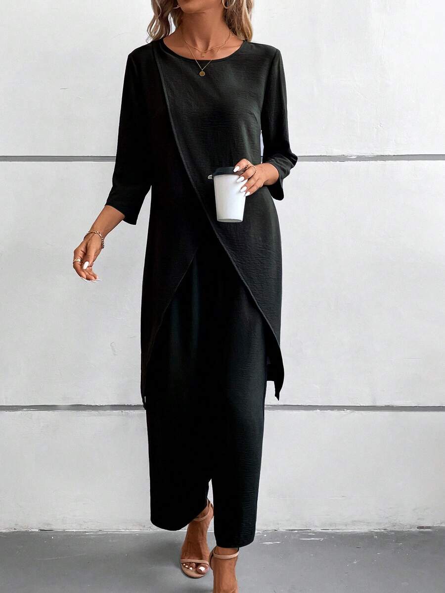 EMERY ROSE 2pcs Halloween Outfit - Black 3/4 Sleeve Shirt And Elastic Waist Pants Set - Black - View 1