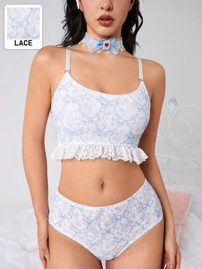 Kawaii Vintage Sweet Butterfly & Floral Pattern Lady Lingerie Set With Court Style