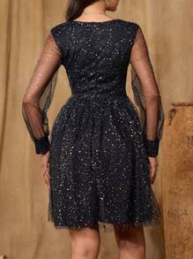 SHEIN Belle 女士闪光花卉印花 V 领网眼长袖奢华晚礼服（华丽装饰）、优雅半正式舞会礼服、生日、婚礼宾客、毕业返校派对礼服 - 黑色 - 查看 2