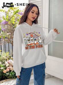 Mulvari Women's Casual Simple "IN THE PARK" Pattern Hooded Long Sleeve Loose Thickened Sweatshirt, Autumn/Winter, Casual Comfy Pullover Top Outfit