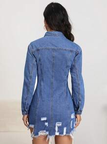 SHEIN Essnce Women Spring Autumn Long Sleeve Single-Breasted Frayed Hem Casual Denim Dress - Dark Wash - View 2