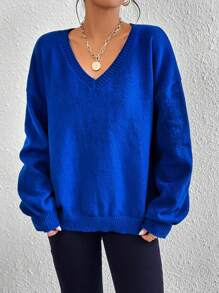 SHEIN VCAY Plus Size Solid Color Lantern Sleeve V-Neck Simple Knit Sweater, Casual Daily Wear - Blue - View 3