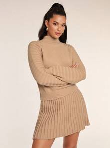 Glamine 2 件套女士休闲立领插肩袖简约毛衣和裙子套装，秋冬 - 卡其色 - 查看 4
