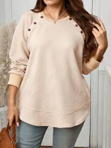 SHEIN LUNE 加大码纽扣细节插肩袖运动衫，适合日常穿着，适合秋冬季旅行装，机场感恩节装，休闲日常装，必备节日装