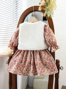 2 件装女婴灯芯绒彼得潘领背心和珍珠纽扣喇叭长袖灯芯绒碎花隐形拉链连衣裙可爱优雅服装，秋冬春季 - 彩色 - 查看 2