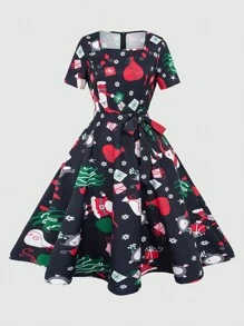 SHEIN Clasi Christmas Cartoon Print Fitted Dress Maxi Women Outfit