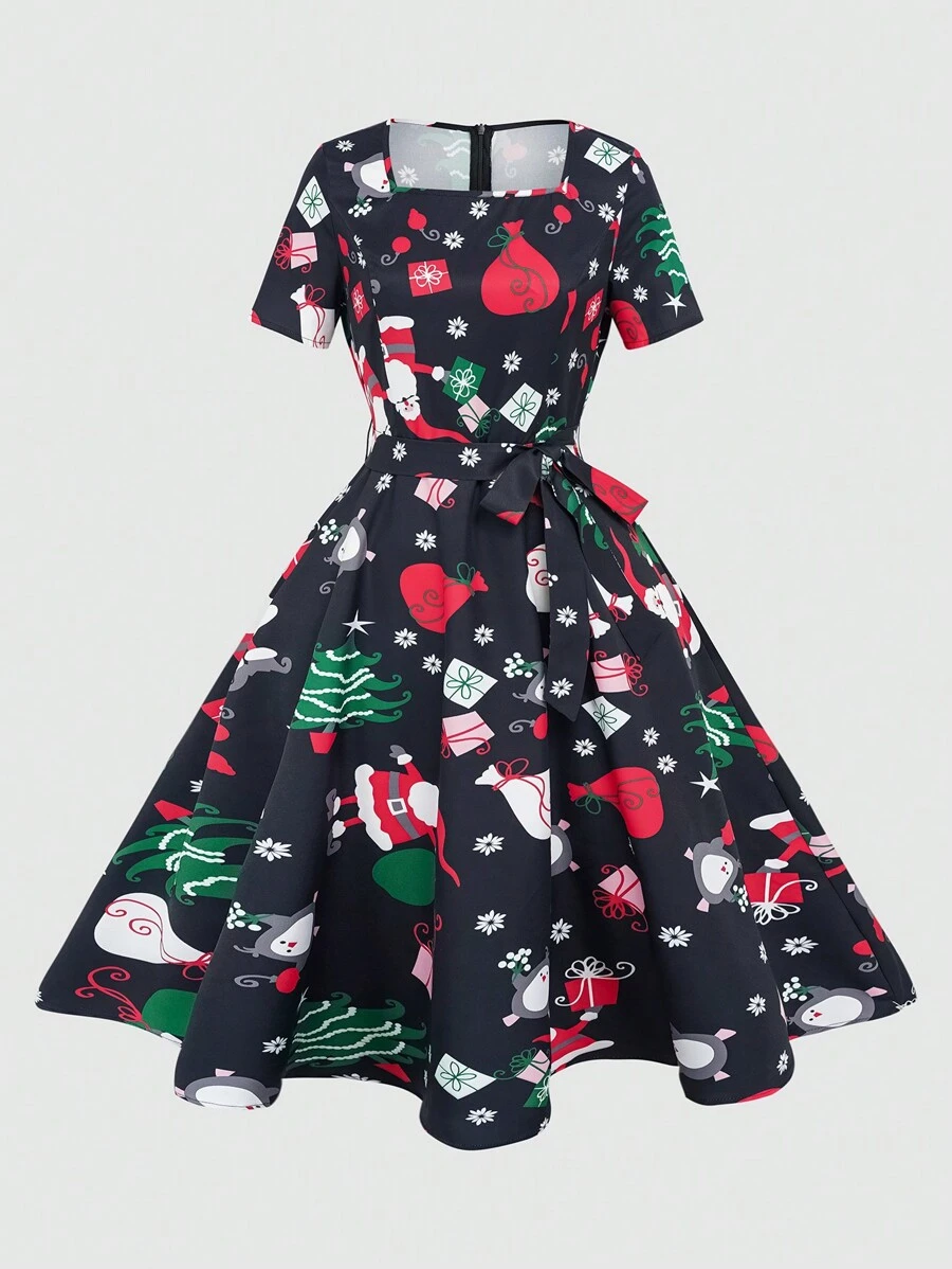 SHEIN Clasi Christmas Cartoon Print Fitted Dress Maxi Women Outfit