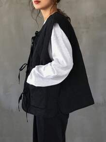 FRIFUL Solid Tie Front Quilted Vest Coat Jacket - Black - View 2