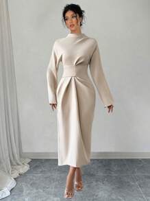 Chiquease 女士优雅纯色褶皱连衣裙 - 杏色 - 查看 6