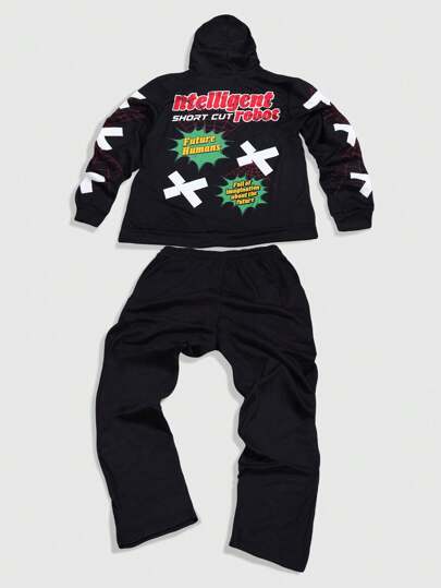 Street Life Men's Long Sleeve Figure Print Hooded Sweatshirt And Loose Straight Pants Set Tracksuit
