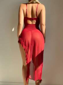 2pcs Set Romantic Lace Patchwork Asymmetrical Nightgown - Burgundy - View 2